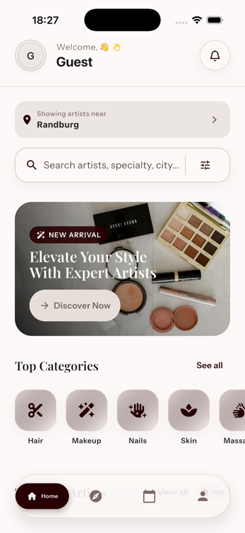The Glowr app's home screen, showing search and categories near Randburg